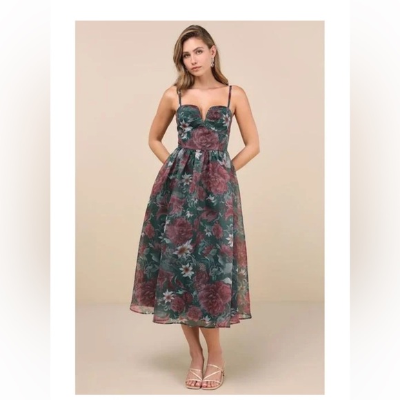 Lulus Dresses & Skirts - Lulu's Forest Green Floral Midi Dress with Rose Accents